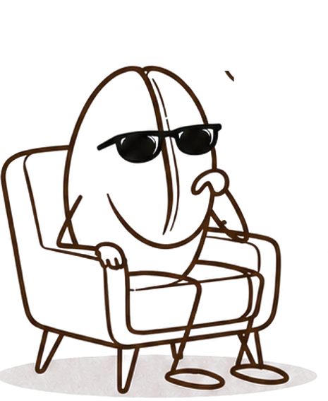 A Beanz Club coffee bean in sunglasses, thinking in an armchair